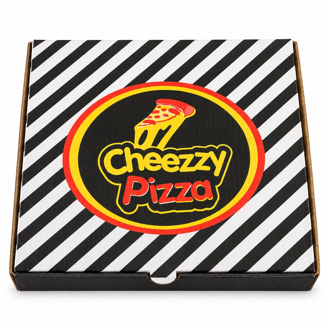 Cheezzy Pizza box on a clean white studio background