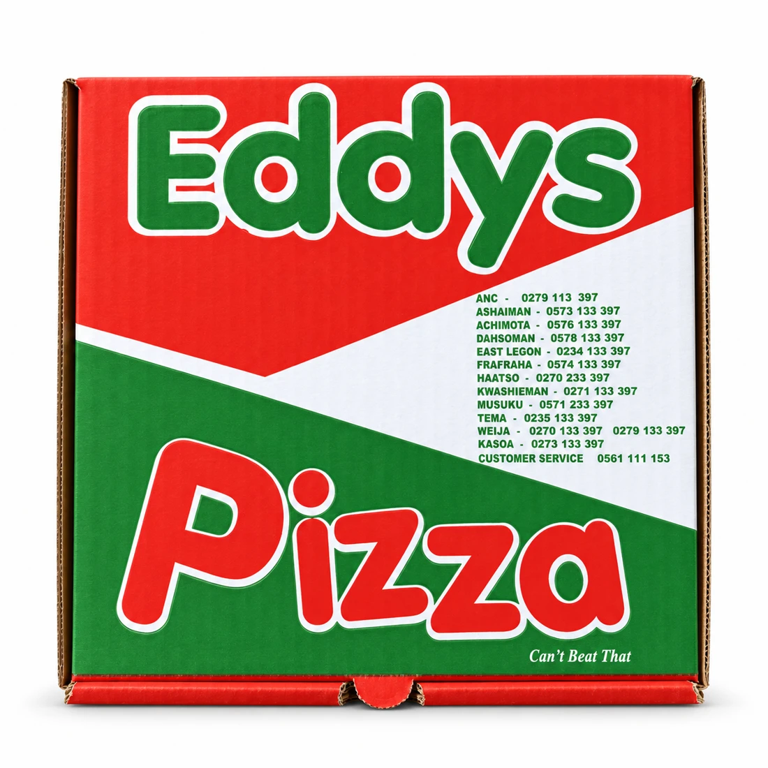 Eddys Pizza box on a clean white studio background