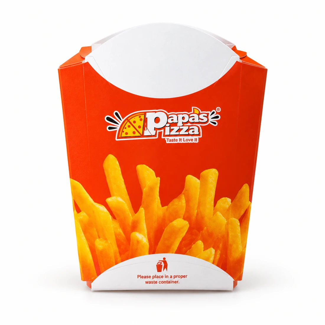 Papas Pizza — Fries Carton packaging on a clean white background
