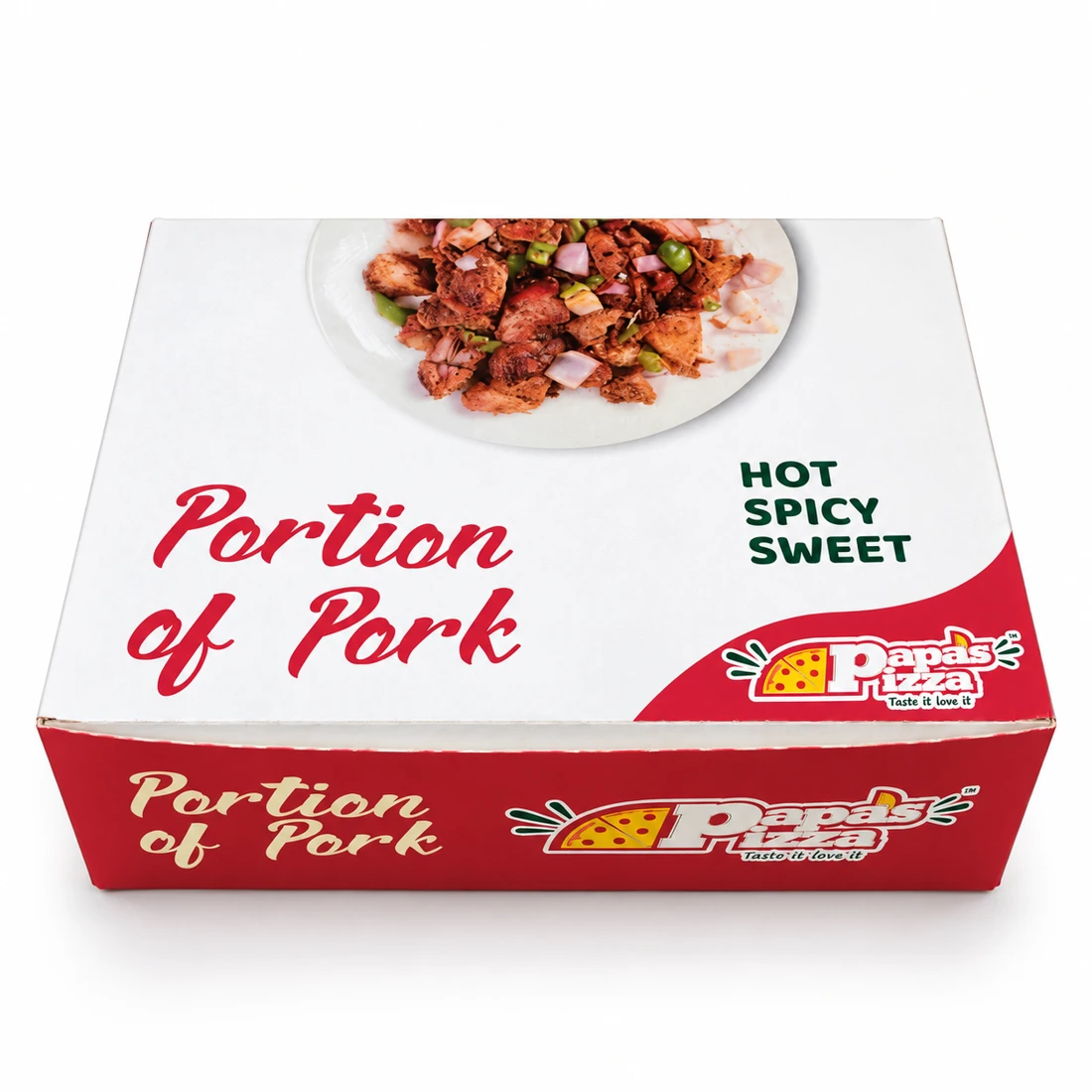 Papas Pizza — Portion of Pork packaging on a clean white background