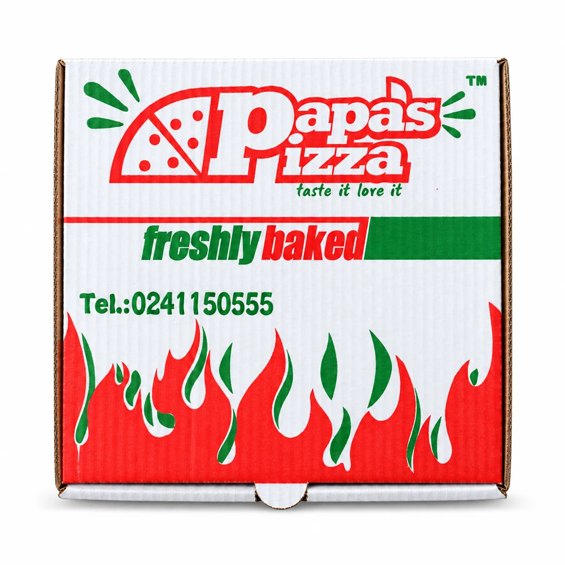 Papas Pizza box on a clean white studio background